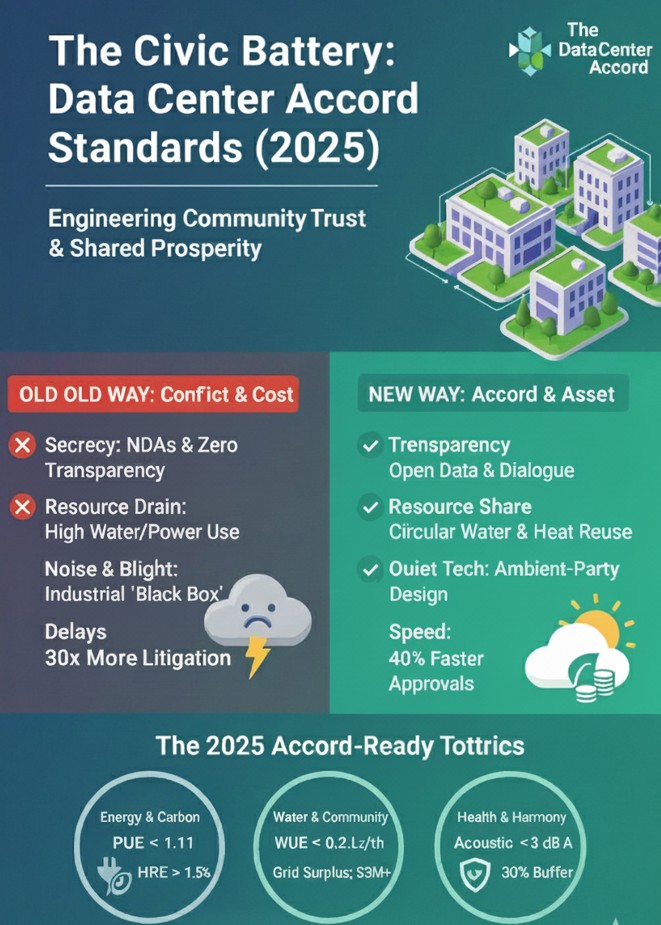 The Civic Battery: Data Center Accord Standards (2025) – Old Way vs New Way